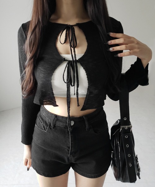 me+em select(ミームセレクト)の「※※【 2color 】ダブルリボンシアーニットショートカーディガン / double ribbon sheer knit short cardigan(カーディガン/ボレロ・レディース・ブラック/ホワイト・FREE)」の1枚目の写真