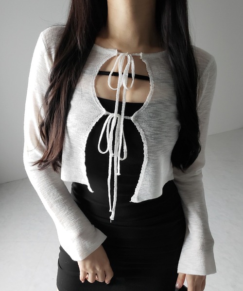 me+em select(ミームセレクト)の「※※【 2color 】ダブルリボンシアーニットショートカーディガン / double ribbon sheer knit short cardigan(カーディガン/ボレロ・レディース・ブラック/ホワイト・FREE)」の6枚目の写真