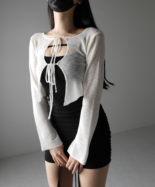 me+em select(ミームセレクト)の「※※【 2color 】ダブルリボンシアーニットショートカーディガン / double ribbon sheer knit short cardigan(カーディガン/ボレロ・レディース・ブラック/ホワイト・FREE)」の9枚目の写真