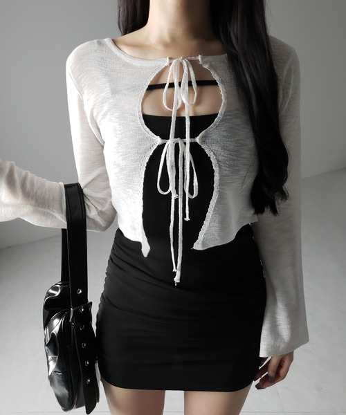 me+em select(ミームセレクト)の「※※【 2color 】ダブルリボンシアーニットショートカーディガン / double ribbon sheer knit short cardigan(カーディガン/ボレロ・レディース・ブラック/ホワイト・FREE)」の7枚目の写真