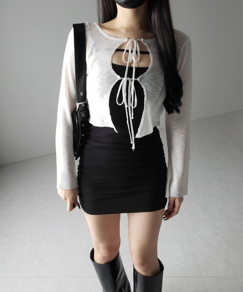 me+em select(ミームセレクト)の「※※【 2color 】ダブルリボンシアーニットショートカーディガン / double ribbon sheer knit short cardigan(カーディガン/ボレロ・レディース・ブラック/ホワイト・FREE)」の11枚目の写真