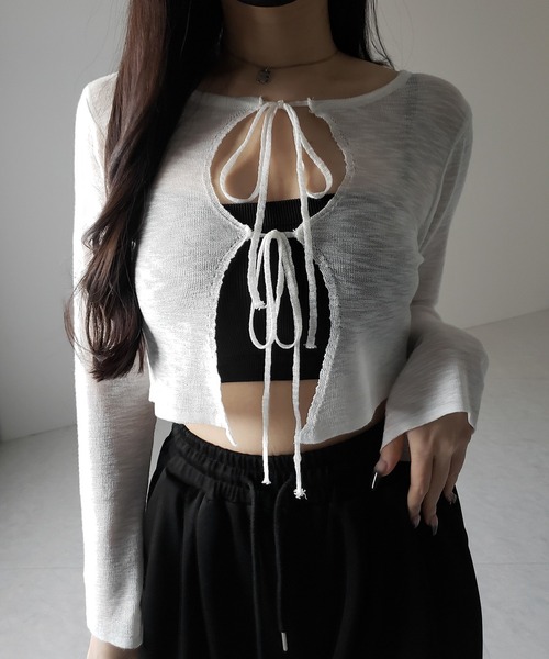 me+em select(ミームセレクト)の「※※【 2color 】ダブルリボンシアーニットショートカーディガン / double ribbon sheer knit short cardigan(カーディガン/ボレロ・レディース・ブラック/ホワイト・FREE)」の15枚目の写真