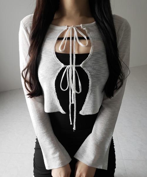 me+em select(ミームセレクト)の「※※【 2color 】ダブルリボンシアーニットショートカーディガン / double ribbon sheer knit short cardigan(カーディガン/ボレロ・レディース・ブラック/ホワイト・FREE)」の5枚目の写真