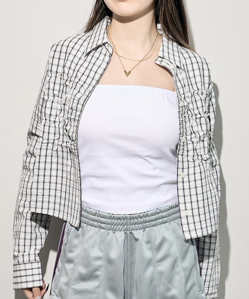 JOINT WORKS(ジョイントワークス)の「シャーリングチェックシャツ(シャツ/ブラウス・レディース・ブラウン/ホワイト/サックスブルー・FREE)」の2枚目の写真