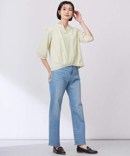 【洗える】コットンブレンドチェック バンドカラー カットソー tシャツ 「洗える」コットンブレンドチェック バンドカラー