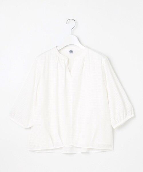 【洗える】コットンブレンドチェック バンドカラー カットソー tシャツ 「洗える」コットンブレンドチェック バンドカラー