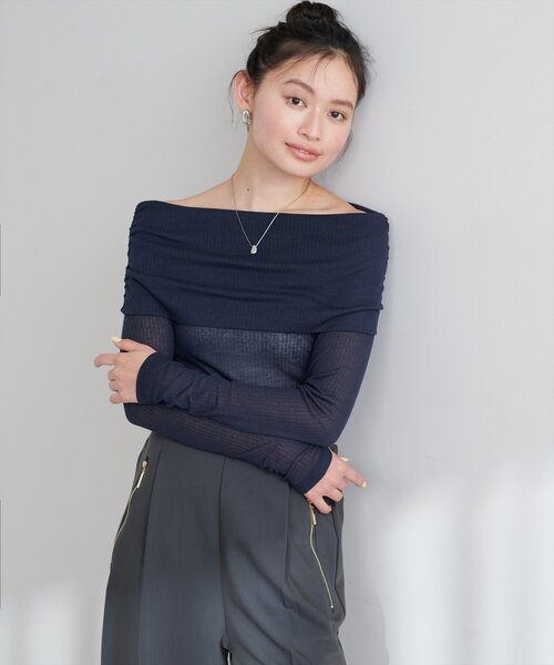 2色 カットソー クロス 長袖 シャツ ギャザー オフショル シアー Ada. ブラウス シャツ 2WAY オフショル シアー ギャザー