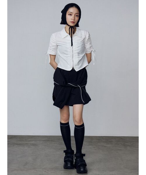 EMODA  エモダ ギャザージップシャツトップ 即納 セール】アシンメトリーギャザーレイヤートップ（Tシャツ