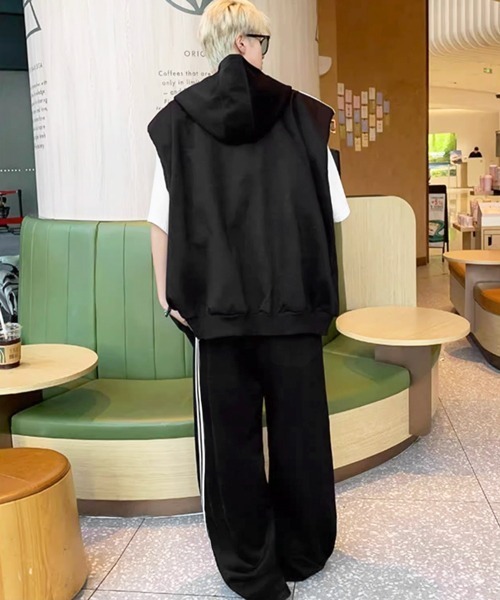 スウェット セットアップ ノースリーブパーカー ワイドパンツ NOWLE パーカー 「NOWLE」ライン柄 ノースリーブ ジップ