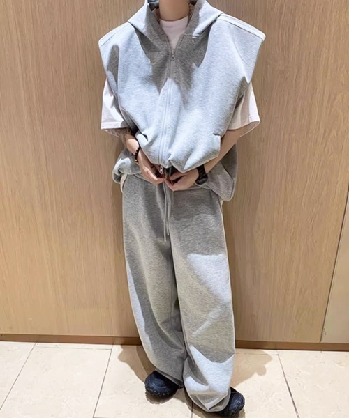 スウェット セットアップ ノースリーブパーカー ワイドパンツ NOWLE パーカー 「NOWLE」ライン柄 ノースリーブ ジップ