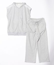 CERCA | 【NOWLE】ライン柄 ノースリーブ ジップ パーカー/ワイド スウェット パンツ セットアップ(パーカー)