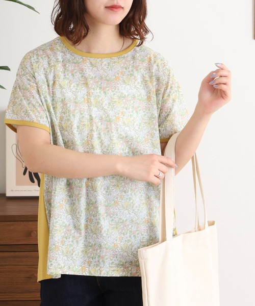 BRODIAEA リバティプリント半袖Ｔシャツ ボタニカル柄×無地切り替えカットソー【日本製】