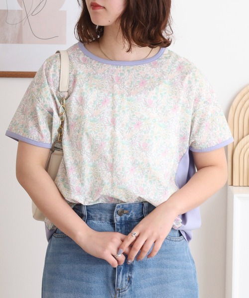 BRODIAEA(ブローディア)の「BRODIAEA リバティプリント半袖Tシャツ ボタニカル柄×無地切り替えカットソー【日本製】(Tシャツ/カットソー・レディース・ラベンダー/イエロー/サックスブルー・40)」の9枚目の写真