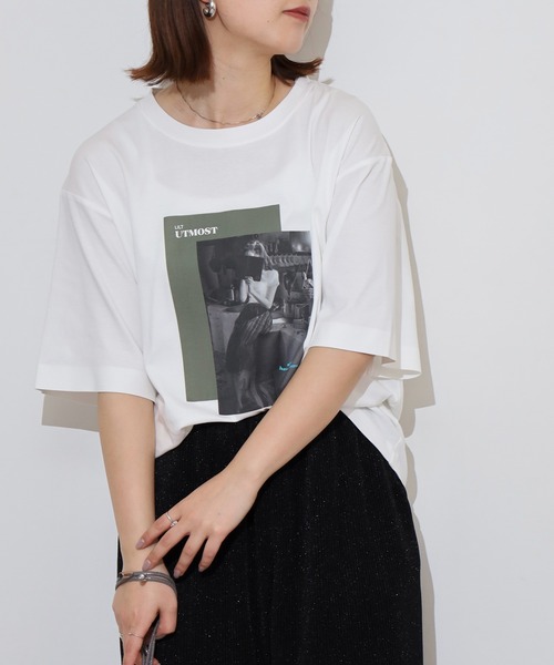 hunch（ハンチ）の「hunch コンパクトスムース　フォトTシャツ（Tシャツ/カットソー・レディース・オフホワイト/ブラック・FREE）」の3枚目の写真