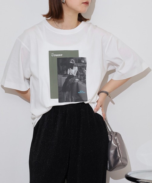 hunch（ハンチ）の「hunch コンパクトスムース　フォトTシャツ（Tシャツ/カットソー・レディース・オフホワイト/ブラック・FREE）」の4枚目の写真