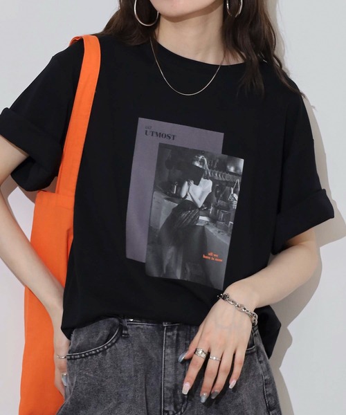 hunch（ハンチ）の「hunch コンパクトスムース　フォトTシャツ（Tシャツ/カットソー・レディース・オフホワイト/ブラック・FREE）」の14枚目の写真