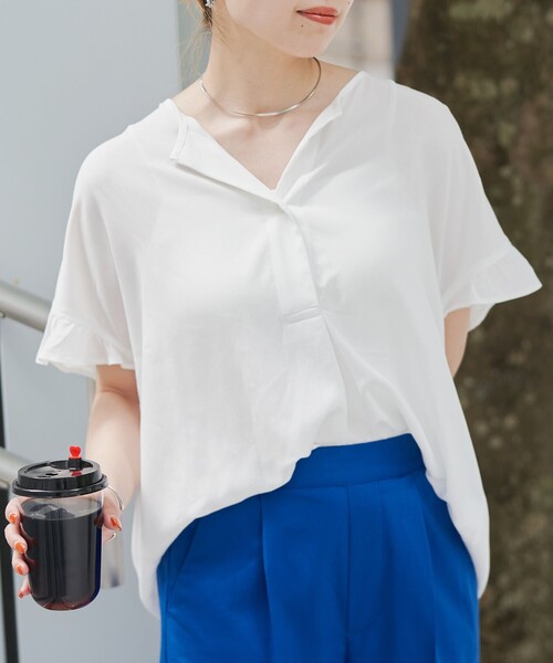 coen(コーエン)の「【接触冷感】袖フリルスキッパーブラウス(シャツ/ブラウス・レディース・オフホワイト/クリーム/ダークグレー・FREE)」の1枚目の写真