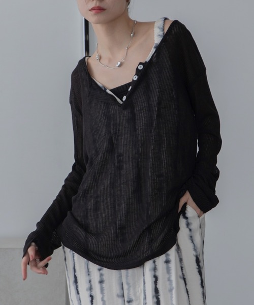 2wayヘンリーネックオーバーシアーリブトップス（Tシャツ/カットソー
