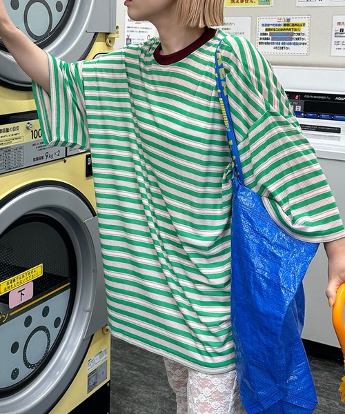 Alley Tokyo（アリートーキョー）の「マルチボーダーBIG T（Tシャツ/カットソー・レディース・グリーン/オレンジ・FREE）」の2枚目の写真