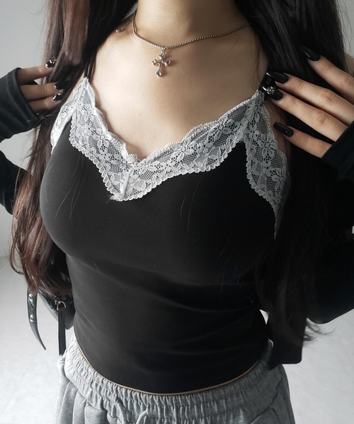 me+em select（ミームセレクト）の「【 新色ピンク追加！４color ／ カップ付き 】配色レースクロップドリブキャミソール ／ bicolor lace cropped rib camisole（キャミソール・レディース・ブラック/ホワイト/グレー/ピンク・FREE）」の9枚目の写真
