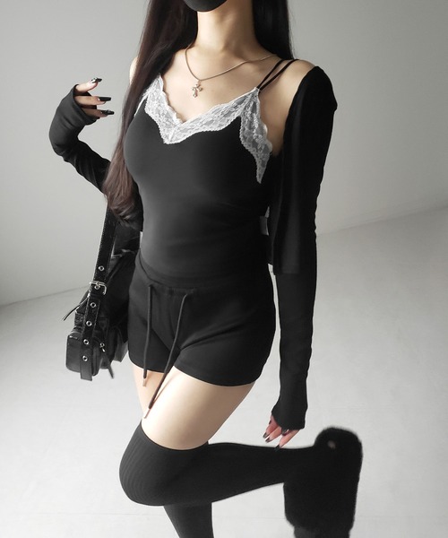 me+em select（ミームセレクト）の「【 新色ピンク追加！４color ／ カップ付き 】配色レースクロップドリブキャミソール ／ bicolor lace cropped rib camisole（キャミソール・レディース・ブラック/ホワイト/グレー/ピンク・FREE）」の22枚目の写真