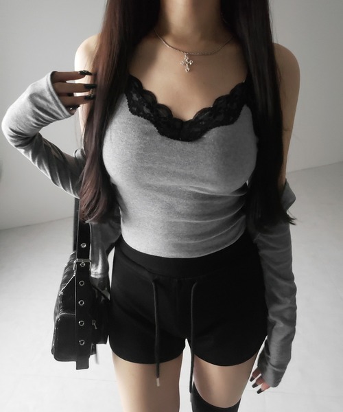 me+em select（ミームセレクト）の「【 新色ピンク追加！４color ／ カップ付き 】配色レースクロップドリブキャミソール ／ bicolor lace cropped rib camisole（キャミソール・レディース・ブラック/ホワイト/グレー/ピンク・FREE）」の13枚目の写真