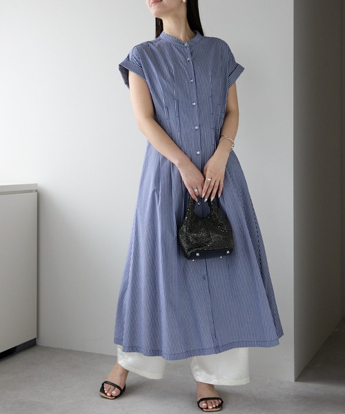 PREFERIR（プレフェリール）の「ストライプ バンドカラー ワンピース(M,L)（シャツワンピース・レディース・ブラック/ネイビー・MEDIUM/LARGE）」の2枚目の写真