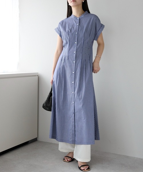 PREFERIR（プレフェリール）の「ストライプ バンドカラー ワンピース(M,L)（シャツワンピース・レディース・ブラック/ネイビー・MEDIUM/LARGE）」の4枚目の写真