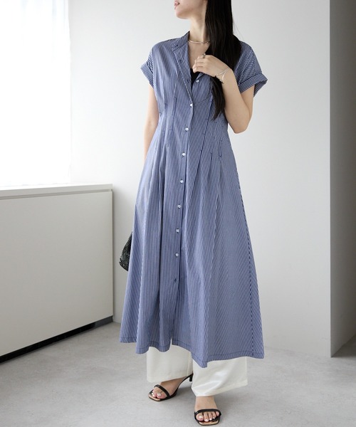 PREFERIR（プレフェリール）の「ストライプ バンドカラー ワンピース(M,L)（シャツワンピース・レディース・ブラック/ネイビー・MEDIUM/LARGE）」の5枚目の写真