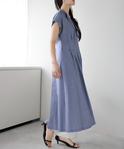 PREFERIR（プレフェリール）の「ストライプ バンドカラー ワンピース(M,L)（シャツワンピース・レディース・ブラック/ネイビー・MEDIUM/LARGE）」の6枚目の写真