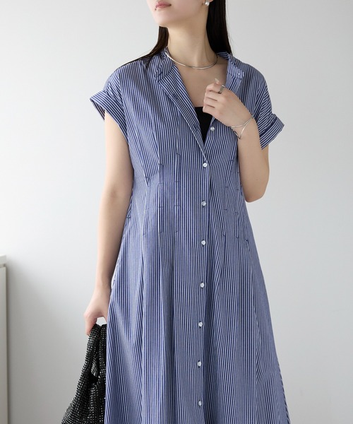PREFERIR（プレフェリール）の「ストライプ バンドカラー ワンピース(M,L)（シャツワンピース・レディース・ブラック/ネイビー・MEDIUM/LARGE）」の7枚目の写真