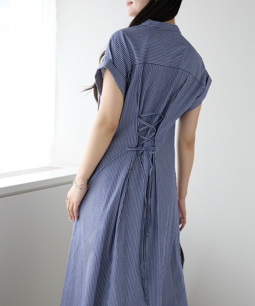 PREFERIR（プレフェリール）の「ストライプ バンドカラー ワンピース(M,L)（シャツワンピース・レディース・ブラック/ネイビー・MEDIUM/LARGE）」の9枚目の写真