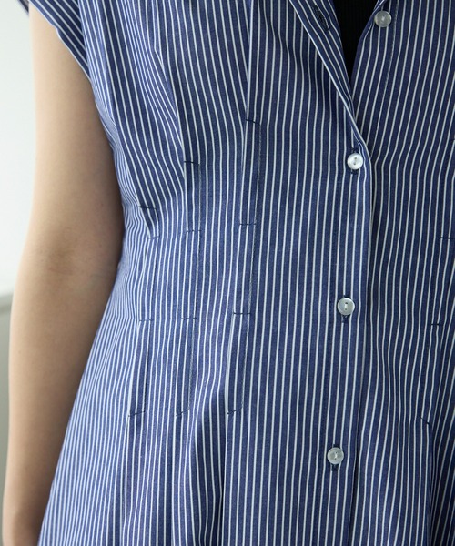 PREFERIR（プレフェリール）の「ストライプ バンドカラー ワンピース(M,L)（シャツワンピース・レディース・ブラック/ネイビー・MEDIUM/LARGE）」の10枚目の写真
