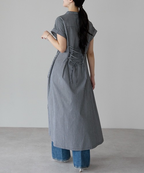 PREFERIR（プレフェリール）の「ストライプ バンドカラー ワンピース(M,L)（シャツワンピース・レディース・ブラック/ネイビー・MEDIUM/LARGE）」の12枚目の写真