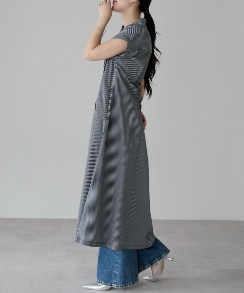 PREFERIR（プレフェリール）の「ストライプ バンドカラー ワンピース(M,L)（シャツワンピース・レディース・ブラック/ネイビー・MEDIUM/LARGE）」の11枚目の写真