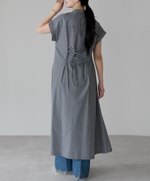 PREFERIR（プレフェリール）の「ストライプ バンドカラー ワンピース(M,L)（シャツワンピース・レディース・ブラック/ネイビー・MEDIUM/LARGE）」の13枚目の写真