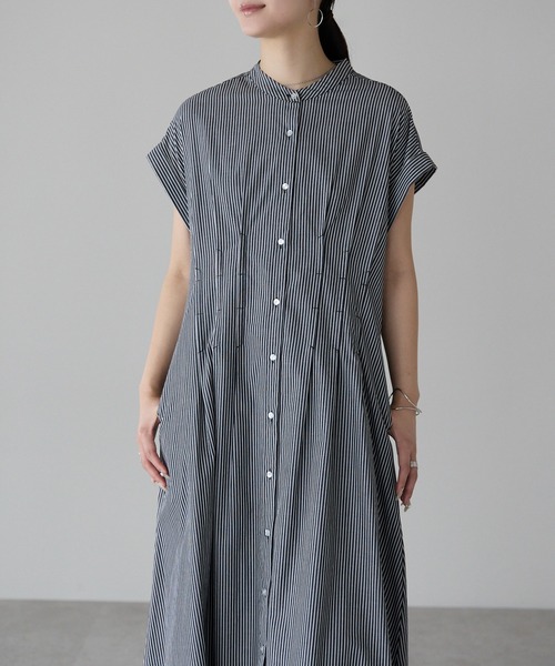 PREFERIR（プレフェリール）の「ストライプ バンドカラー ワンピース(M,L)（シャツワンピース・レディース・ブラック/ネイビー・MEDIUM/LARGE）」の16枚目の写真