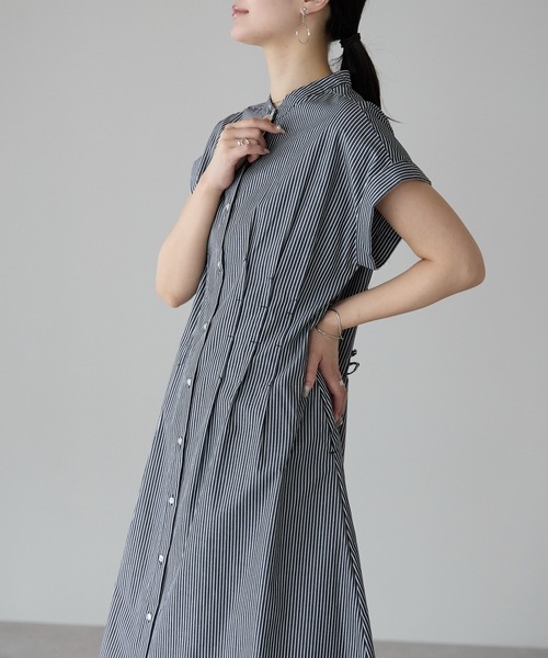 PREFERIR（プレフェリール）の「ストライプ バンドカラー ワンピース(M,L)（シャツワンピース・レディース・ブラック/ネイビー・MEDIUM/LARGE）」の18枚目の写真