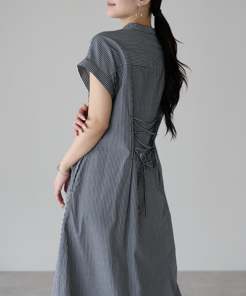 PREFERIR（プレフェリール）の「ストライプ バンドカラー ワンピース(M,L)（シャツワンピース・レディース・ブラック/ネイビー・MEDIUM/LARGE）」の19枚目の写真