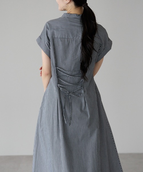 PREFERIR（プレフェリール）の「ストライプ バンドカラー ワンピース(M,L)（シャツワンピース・レディース・ブラック/ネイビー・MEDIUM/LARGE）」の20枚目の写真