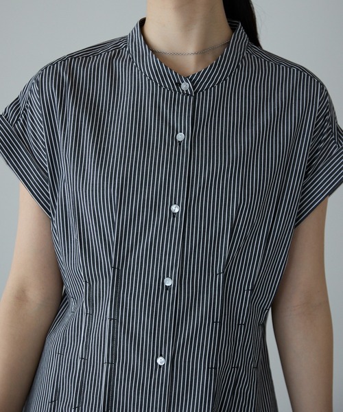 PREFERIR（プレフェリール）の「ストライプ バンドカラー ワンピース(M,L)（シャツワンピース・レディース・ブラック/ネイビー・MEDIUM/LARGE）」の21枚目の写真