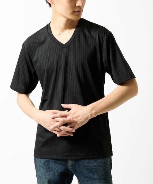 MK MICHEL KLEIN HOMME （エムケーミッシェルクランオム）の「【洗える】ハリヌキテレコＶネック半袖（Tシャツ/カットソー・メンズ・ミント/ブラック/ブルー・48/46/51）」の2枚目の写真