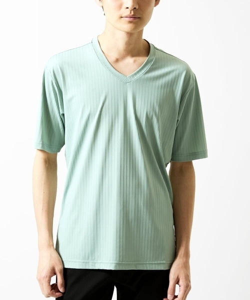 MK MICHEL KLEIN HOMME （エムケーミッシェルクランオム）の「【洗える】ハリヌキテレコＶネック半袖（Tシャツ/カットソー・メンズ・ミント/ブラック/ブルー・48/46/51）」の9枚目の写真