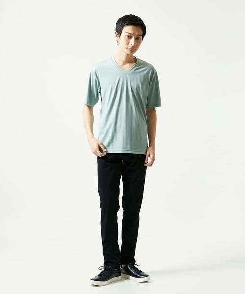 MK MICHEL KLEIN HOMME （エムケーミッシェルクランオム）の「【洗える】ハリヌキテレコＶネック半袖（Tシャツ/カットソー・メンズ・ミント/ブラック/ブルー・48/46/51）」の8枚目の写真