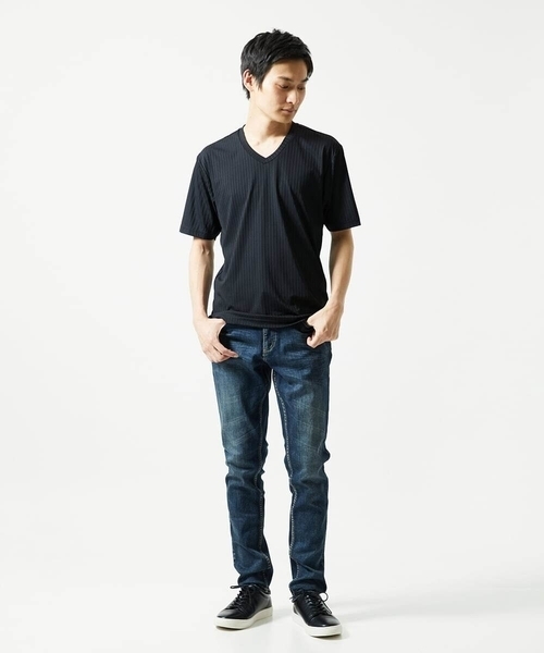 MK MICHEL KLEIN HOMME （エムケーミッシェルクランオム）の「【洗える】ハリヌキテレコＶネック半袖（Tシャツ/カットソー・メンズ・ミント/ブラック/ブルー・48/46/51）」の13枚目の写真