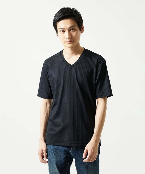 MK MICHEL KLEIN HOMME （エムケーミッシェルクランオム）の「【洗える】ハリヌキテレコＶネック半袖（Tシャツ/カットソー・メンズ・ミント/ブラック/ブルー・48/46/51）」の12枚目の写真