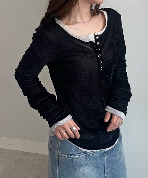 セール】［26SS新色追加］シアーベロアヘンリーネックロンT（Tシャツ