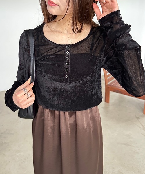 ANN DEMEULEMEESTERアン シースルーヘンリーネックロンT セール】シアーベロアヘンリーネックロンT（Tシャツ/カットソー