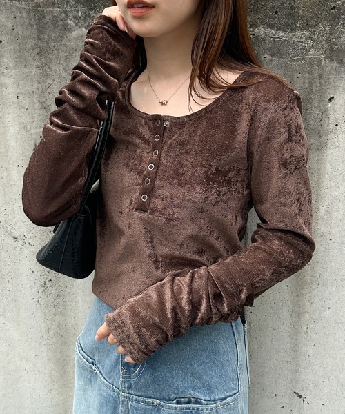 セール】シアーベロアヘンリーネックロンT（Tシャツ/カットソー