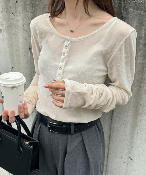 ANN DEMEULEMEESTERアン シースルーヘンリーネックロンT セール】シアーベロアヘンリーネックロンT（Tシャツ/カットソー